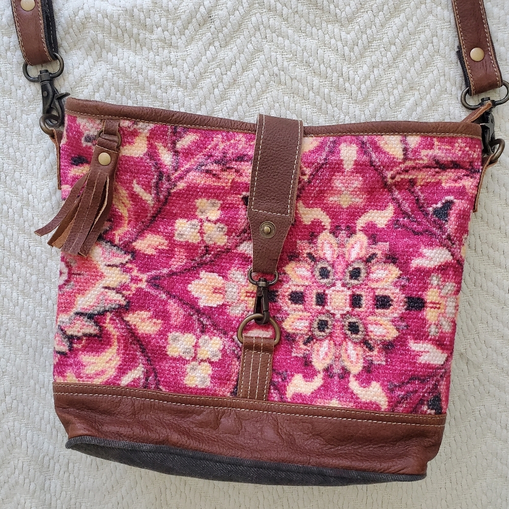 Myra Bag Fuchsia Tapestry Cotton & Leather Boho Satchel - Picture 3 of 14